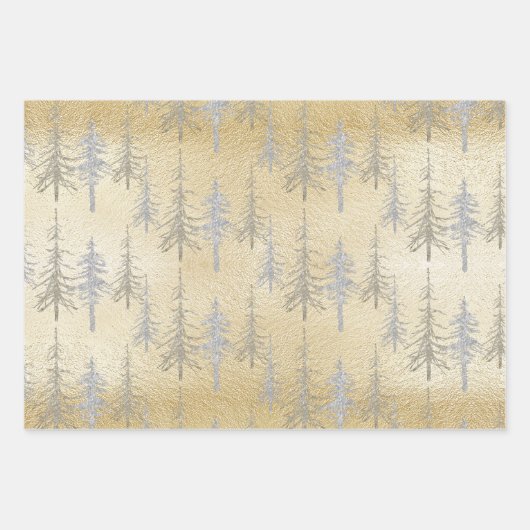 Gold Silver Woodland Scraggly Spruce Pine Trees Inpakpapier Vel (Voorkant 3)
