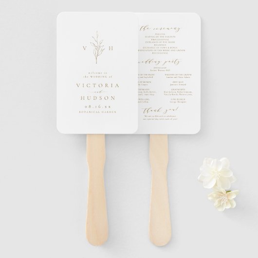 Gold Simple Botanical Monogram bruiloft Program Handwaaier (Voorkant en achterkant)