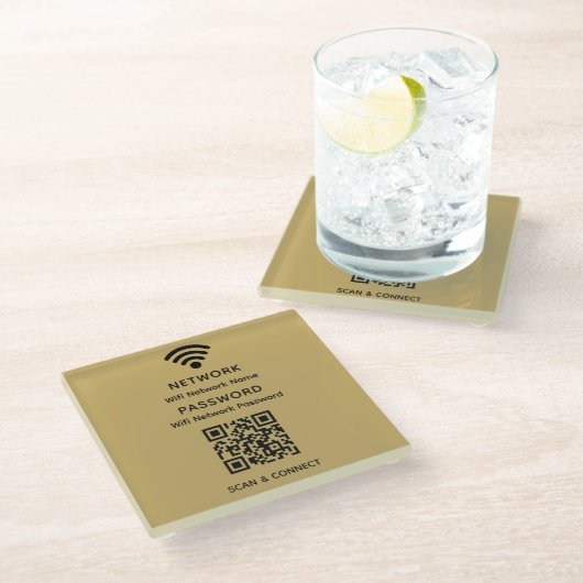 Gold Simple Elegant WiFi QR Code Netwerkwachtwoord Glazen Onderzetter (Schuin)