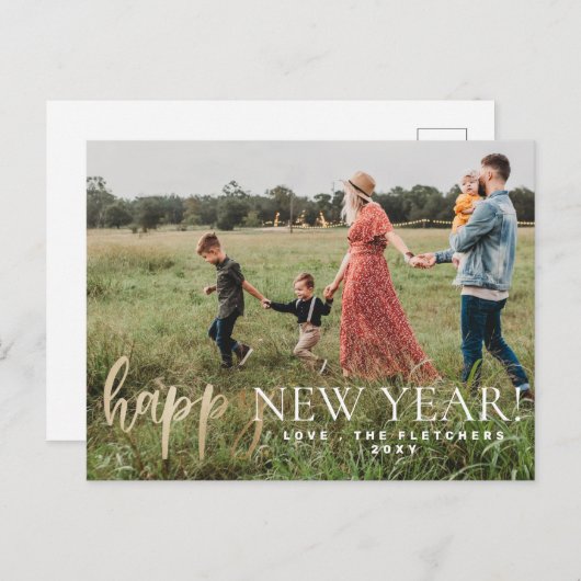 Gold Simple Script Happy New Year-feestdag Briefkaart (Voorkant / Achterkant)