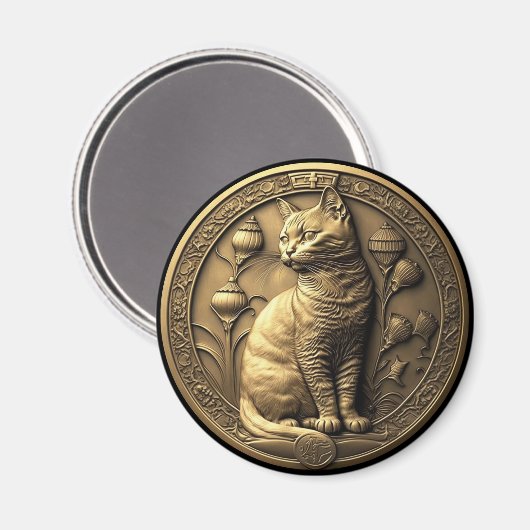 Gold Sitting Cat Medallion Magneet (Voorkant / Achterkant)
