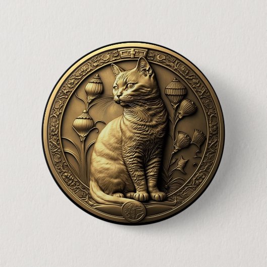 Gold Sitting Cat Medallion Ronde Button 5,7 Cm (Voorkant)