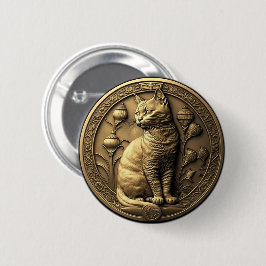 Gold Sitting Cat Medallion Ronde Button 5,7 Cm