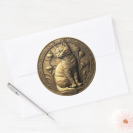 Gold Sitting Cat Medallion Ronde Sticker