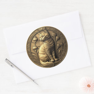 Gold Sitting Cat Medallion Ronde Sticker