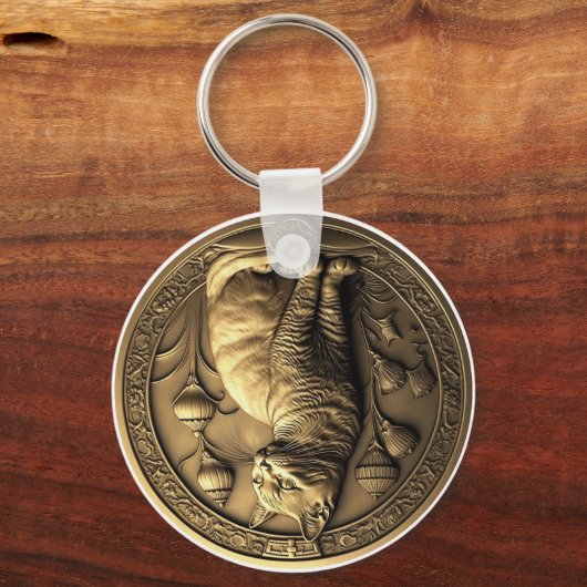 Gold Sitting Cat Medallion Sleutelhanger (Achterkant)