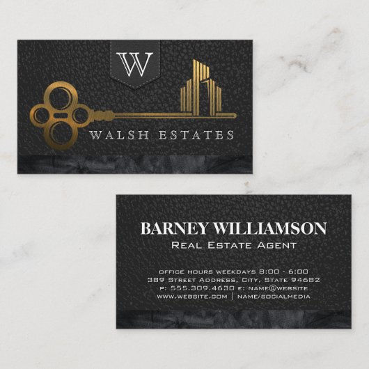 Gold Skeleton Key City Logo | Leder Visitekaartje (Voorkant / Achterkant)