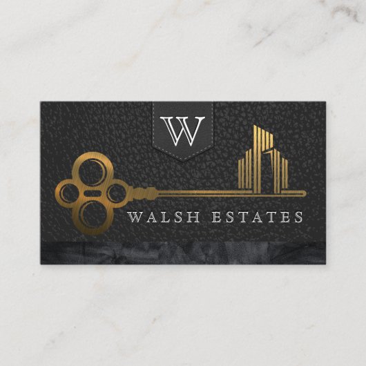 Gold Skeleton Key City Logo | Leder Visitekaartje (Voorkant)