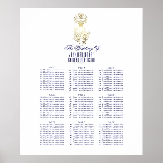 Gold  Skeleton Key Wedding Seating Chart Poster (Voorkant)