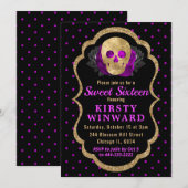 Gold Skull Floral Polka Dot Halloween Sweet 16 Kaart (Voorkant / Achterkant)
