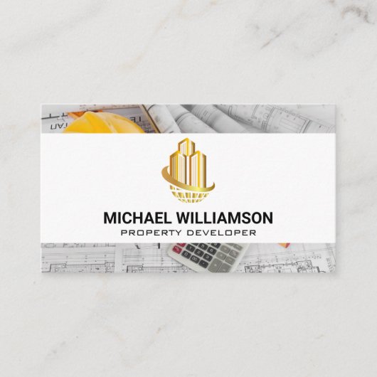 Gold Sky Scraper Gebouwen | Blauwdrukken Visitekaartje (Voorkant)