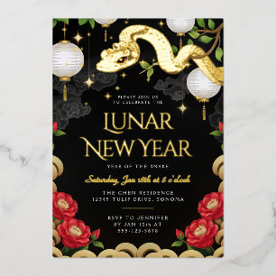 Gold Snake Floral Lunar Nieuwjaar Party Uitnodigin Folie Feestdagenkaart