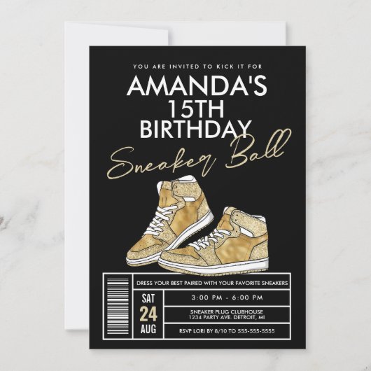 Gold Sneaker Ball Birthday Uitnodiging (Voorkant)