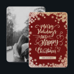Gold sneeuwvlokken rode foto kerstfeestkaart bedankkaart<br><div class="desc">Helderrode en gouden fotokerstfeestkaart met gouden sneeuwvlokken,  kunt u eenvoudig aan uw wensen aanpassen,  de foto op de achterkant vervangen en uw namen toevoegen.</div>