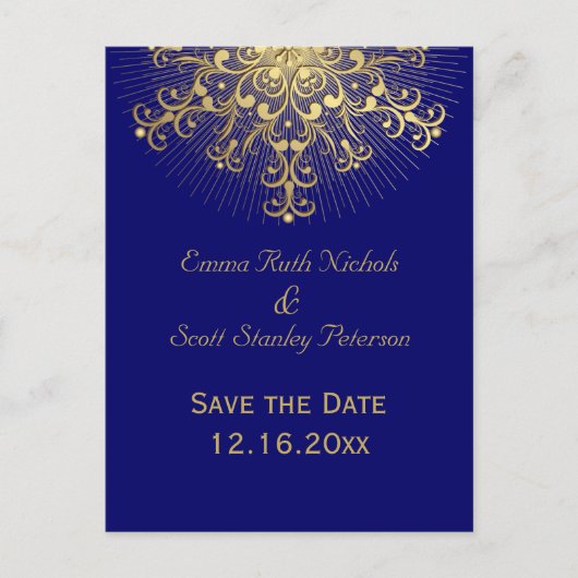 Gold snewflake blue winter bruiloft Bespaar op dat Aankondigingskaart (Voorkant)