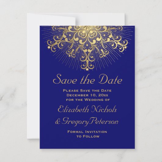 Gold snewflake blue winter bruiloft Bespaar op dat Save The Date (Voorkant)