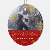 Gold snewflakes foto eerste Kerstmis als Mr. Mrs. Keramisch Ornament (Links)