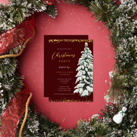 Gold Snow Tree-kerstfeest Folie Folie Uitnodiging (Insitu)
