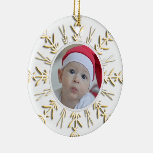 Gold Snowflake Baby's eerste kerstfoto Keramisch Ornament (Rechts)
