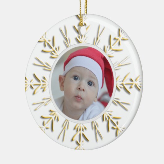 Gold Snowflake Baby's eerste kerstfoto Keramisch Ornament (Links)