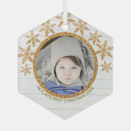 Gold Snowflake Chic Round Foto met Kerstmis Glas Ornament