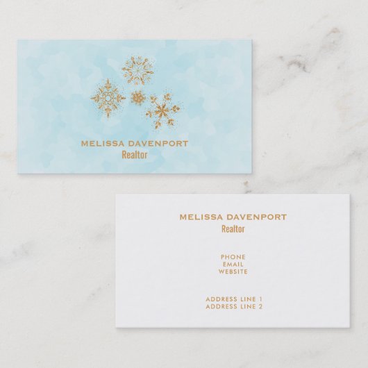 Gold Snowflake Crystals op Frosty Blue - Kerstmis Visitekaartje (Voorkant / Achterkant)