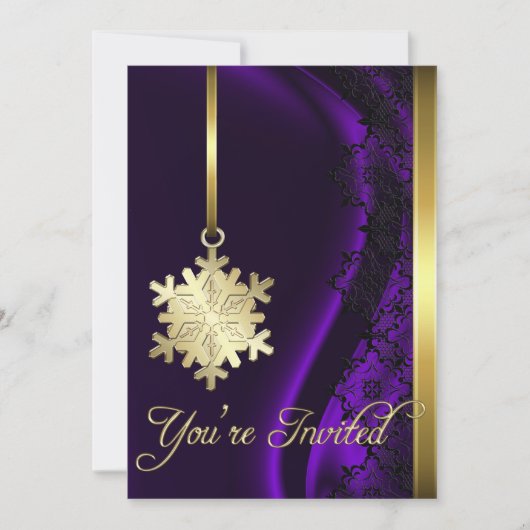 Gold Snowflake Decorting Paarse Silk Invitation Kaart (Voorkant)
