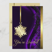 Gold Snowflake Decorting Paarse Silk Invitation Kaart (Voorkant / Achterkant)