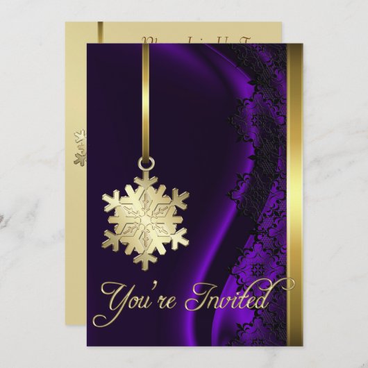 Gold Snowflake Decorting Paarse Silk Invitation Kaart (Voorkant / Achterkant)