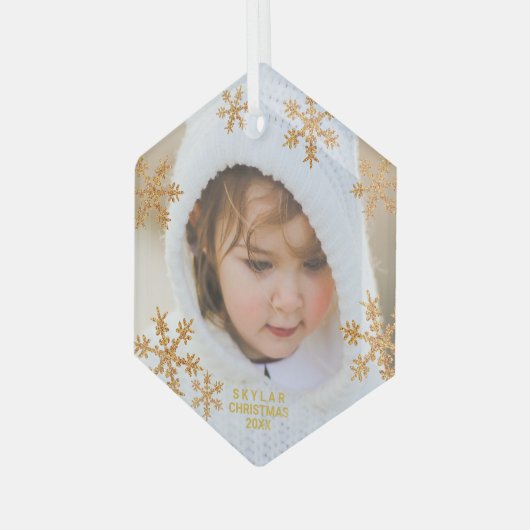 Gold Snowflake Elegant-minimalistische foto Glas Ornament (Voorkant links)