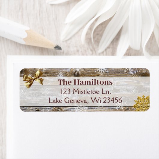 Gold Snowflake en Bow Wood met kerst of Vakantie Etiket (Insitu)