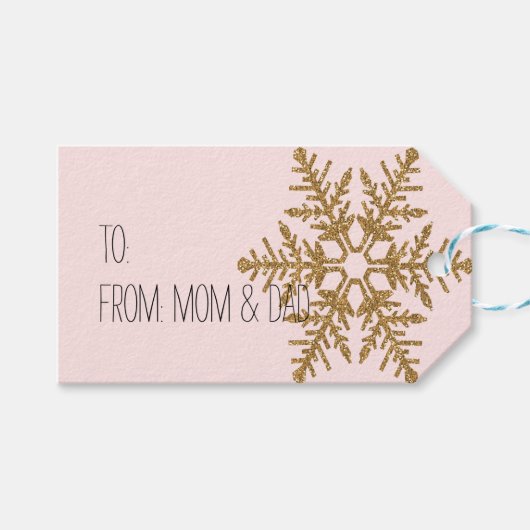 Gold Snowflake Glitter Blush Pink Cadeaulabel (Voorkant (Horizontaal))