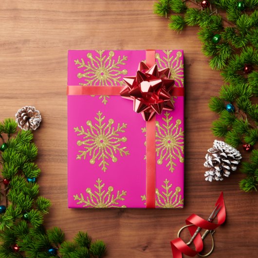 Gold Snowflake Hot Pink Wrapping Paper Cadeaupapier (Feestdagen Geschenken)