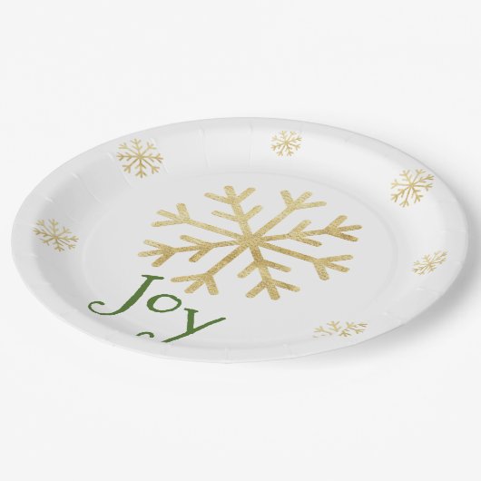 Gold Snowflake "JOY" Green Moderne Kerstmis Papieren Bordje (Gekanteld)