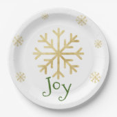 Gold Snowflake "JOY" Green Moderne Kerstmis Papieren Bordje (Voorkant)