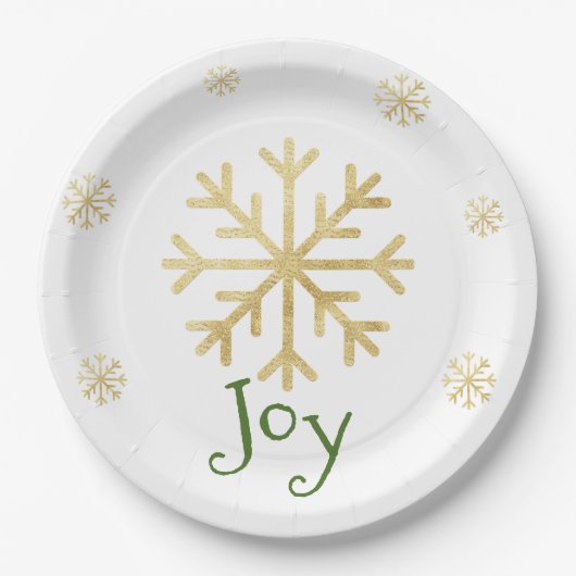 Gold Snowflake "JOY" Green Moderne Kerstmis Papieren Bordje (Voorkant)