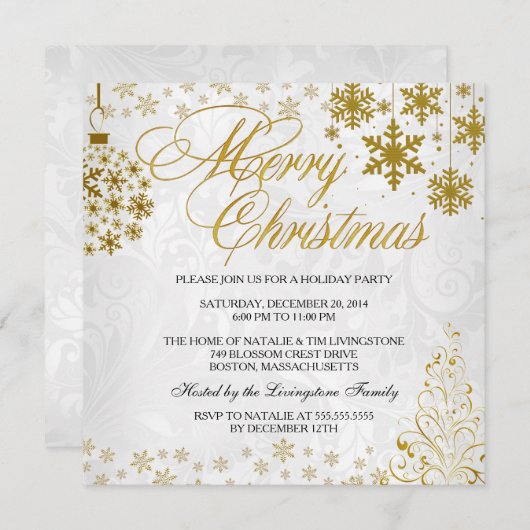 Gold Snowflake Merry kerstfeestelijke uitnodiging (Voorkant / Achterkant)