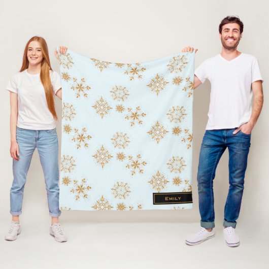 Gold Snowflake op het Frosty Blue-kerstpatroon Fleece Deken (In situ)