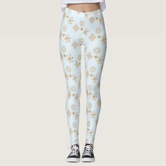 Gold Snowflake op het Frosty Blue-kerstpatroon Leggings (Voorkant)