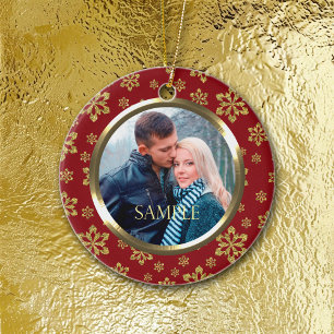 Gold Snowflake op Red Holiday Sjabloon Keramisch Ornament
