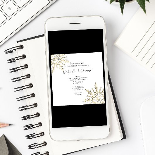 Gold Snowflake op White Winter Engagement Party Kaart