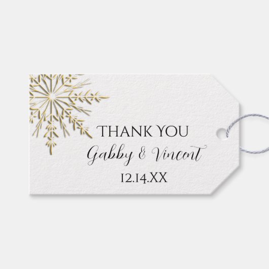 Gold Snowflake op White Winter Weddenschap Favor T Cadeaulabel (Voorkant (Horizontaal))