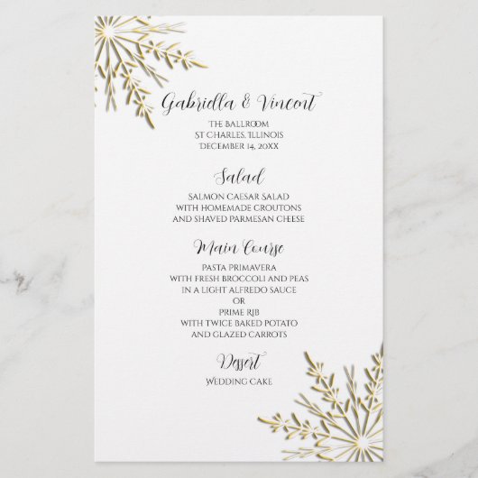 Gold Snowflake op White Winter Wedding Menu (Voorkant)