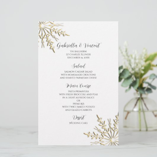 Gold Snowflake op White Winter Wedding Menu (Staand voorkant)