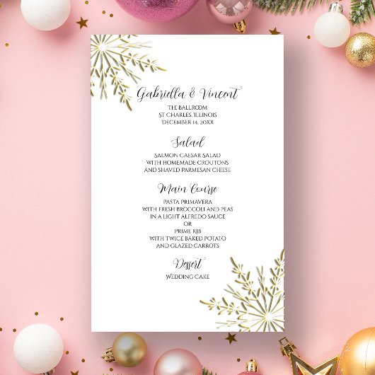 Gold Snowflake op White Winter Wedding Menu