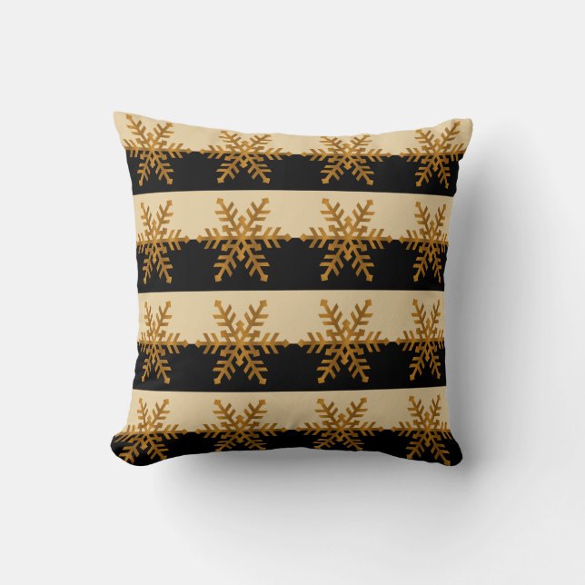 Gold Snowflake Pattern Black & Beige Stripe Pillow Kussen (Voorkant)