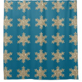 Gold Snowflake Pattern Rustige Ocean Blue Glittery Douchegordijn (Voorkant)