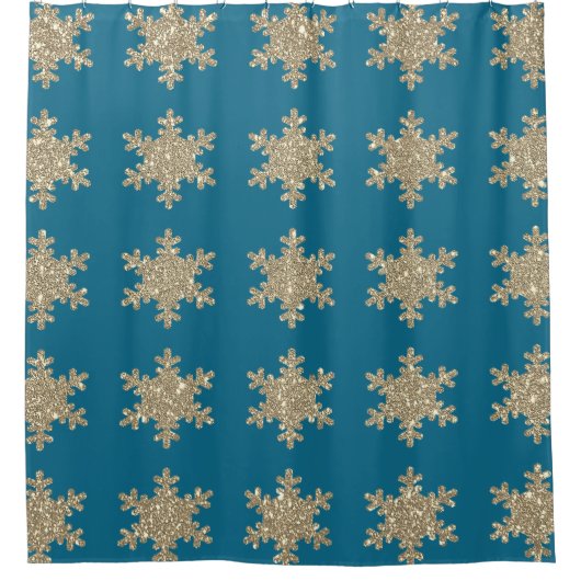 Gold Snowflake Pattern Rustige Ocean Blue Glittery Douchegordijn (Voorkant)