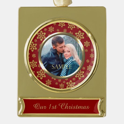 Gold Snowflake Red Eerste Kerstmis Verguld Banner Ornament (Voorkant)