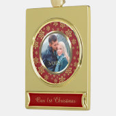 Gold Snowflake Red Eerste Kerstmis Verguld Banner Ornament (Links)